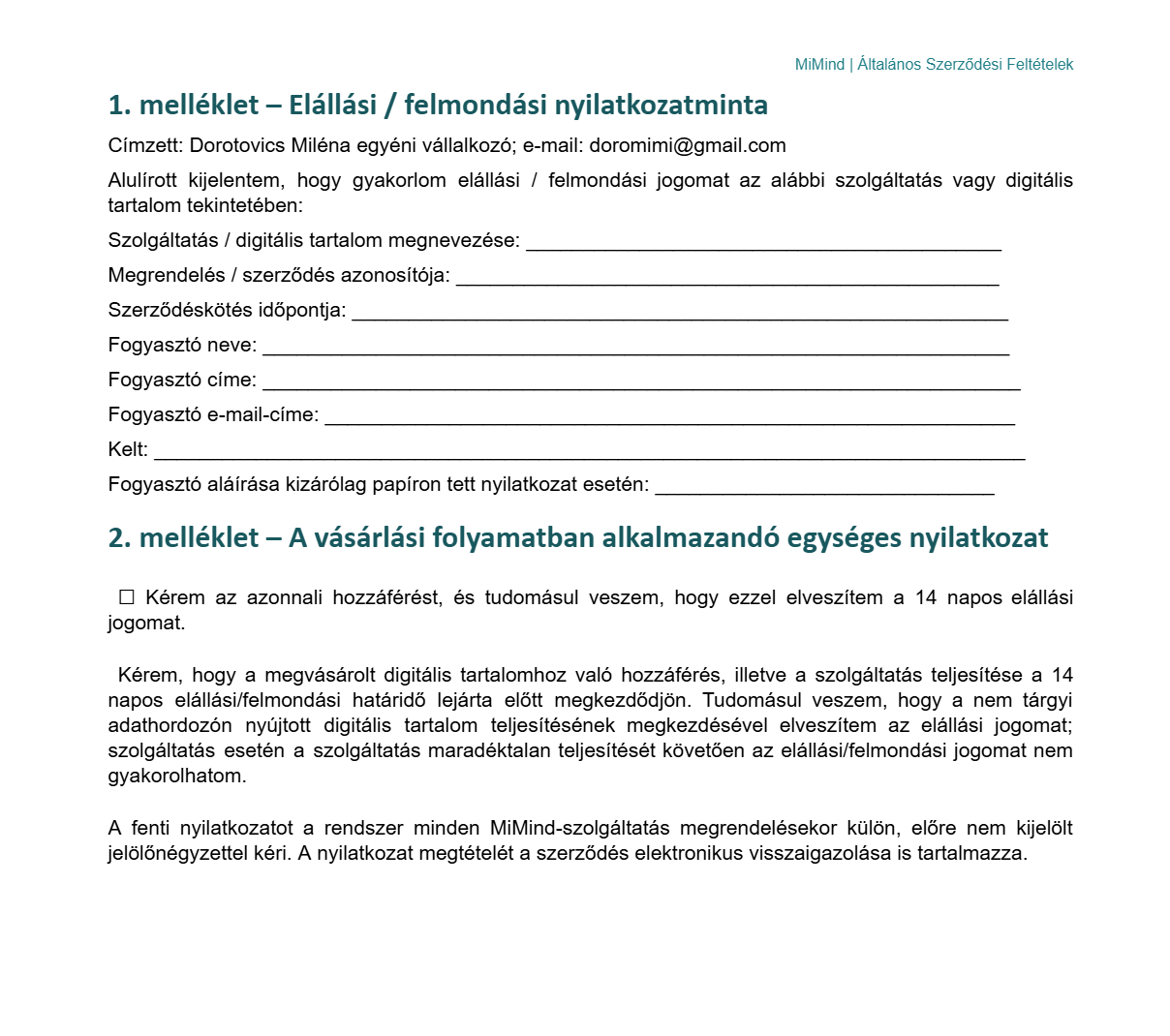 MiMind - ÁSZF - Mellékletek